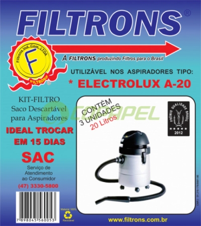 Filtro descartável de papel p/ aspirador Electrolux A-20 20L pacote c/ 03 pçs ref. A20